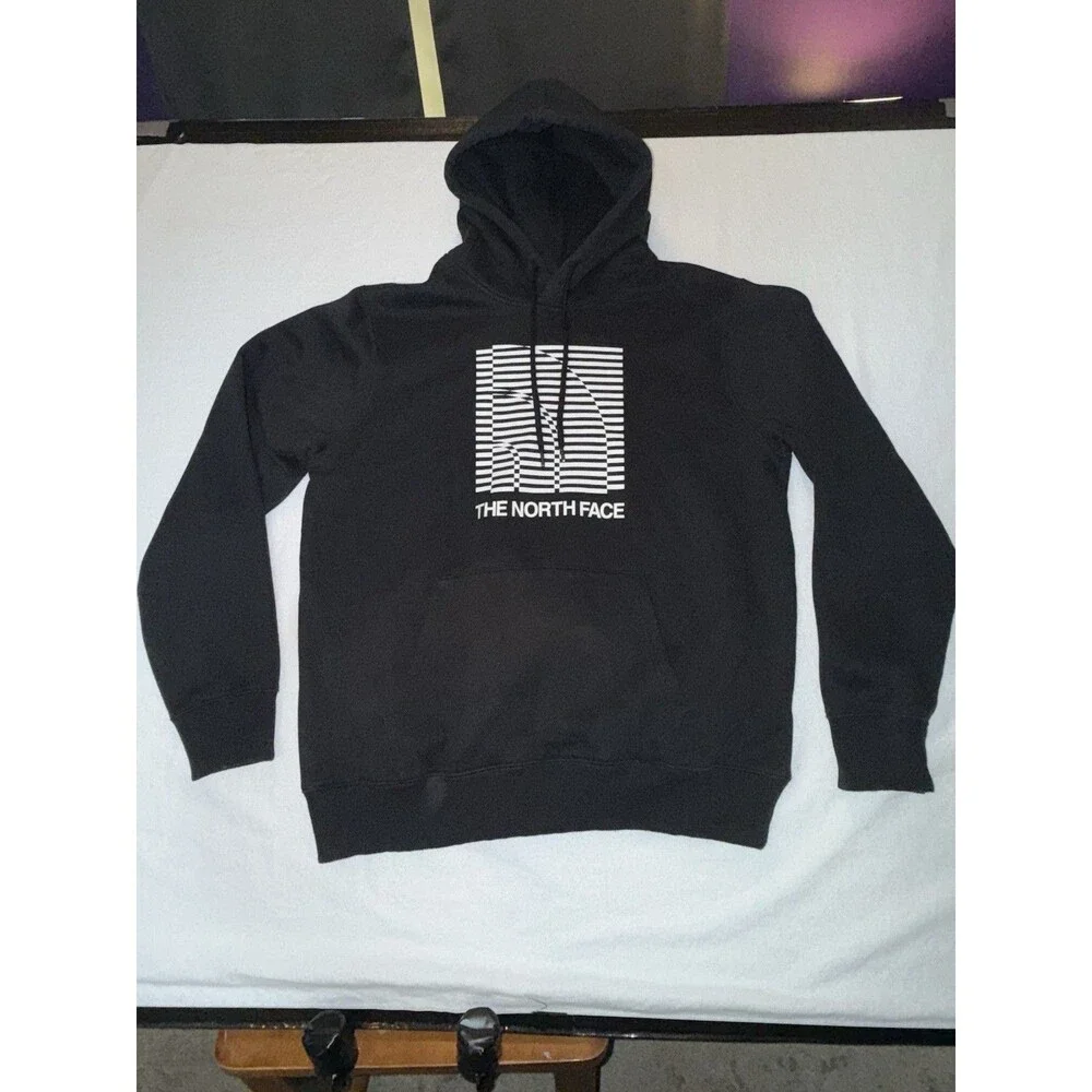The North Face Fleece Pullover Hoodie Black Graphic Logo Pockets Size L
